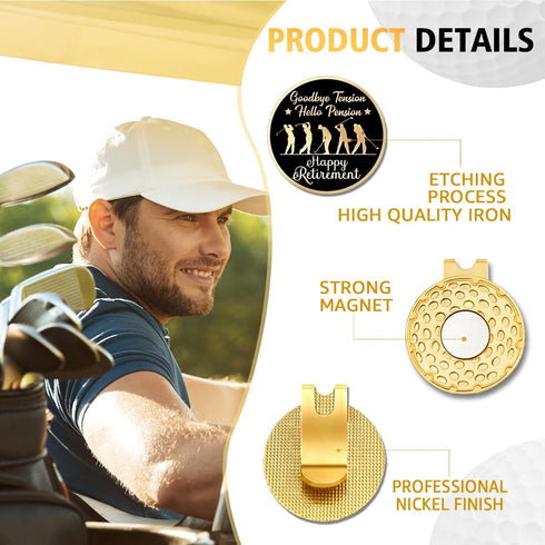 Happy Retirement Black Gold Golf Ball Marker with Hat Clip, Funny Accessories for Golf Fans