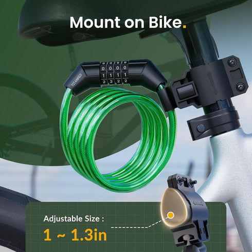 Titanker Bike Lock Cable, 4 Feet Basic Self Coiling Kids Bike Lock, Combination with Mounting Bracket (Green-8mm)