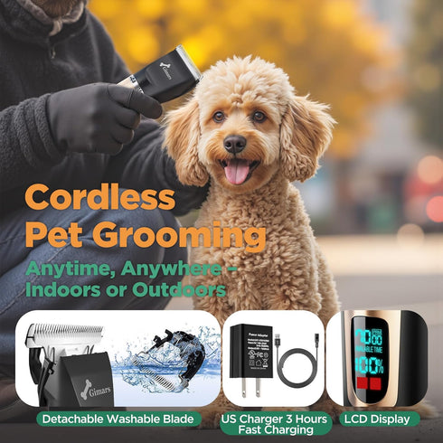 7000rpm 55db 3.0 Trimmer Gimars Professional Low Noise Cordless Rechargeable Dog Clippers, Motor Powerful Dog Long Hair