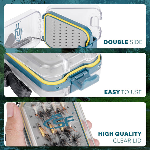 SF Plastic Fly Fishing Box, Waterproof Pocket, Double Side Clear Lid, Easy Grip Black Foam with Lanyard