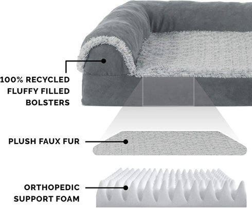 Furhaven Orthopedic Dog Bed for Medium/Small Dogs, L Shaped Chaise with Removable Bolsters - Stone Gray, Medium