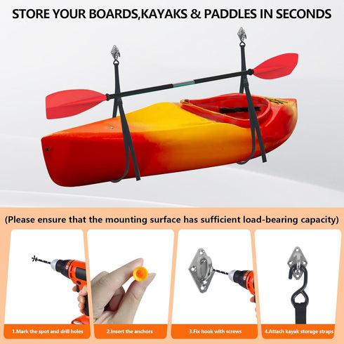 Kayak Storage Strap System with Adjustable Wall Mount Straps for 1 or 2 Kayaks