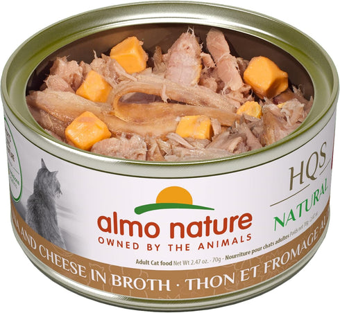 almo nature HQS Natural Tuna and Cheese in broth, Grain Free, Adult Cat Canned Wet Food, Shredded, 24 x 70g/2.47 oz