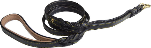 6 Foot Braided Leather Dog Leash with Traffic Handle, Two Handles for Training and Safety, Black 6ft x 3/4 Inch