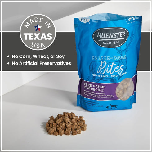 Muenster Freeze Dried Dog Food Topper Bites, Farmhaus Elk Freeze Dried Raw Dog Food, 5oz