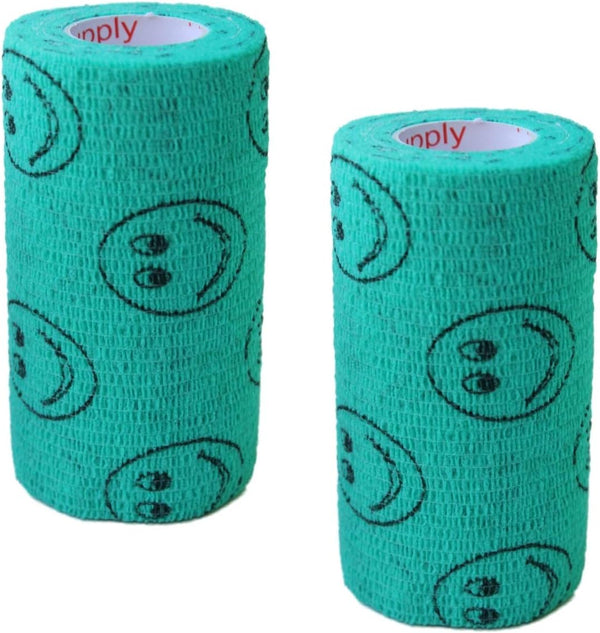 Vet Wrap Tape (Teal with Smiles) (2 Pack) (2 Inch x 15 feet) Self-Adhesive Cohesive Flex Bandage for Pets