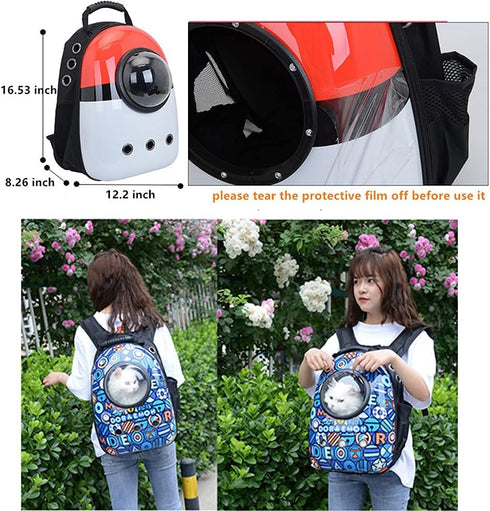 Pet Travel Carrier, Cat Dog Dome Space Capsule Backpack, Portable Waterproof Breathable Knapsack for Hiking (Blue/White)