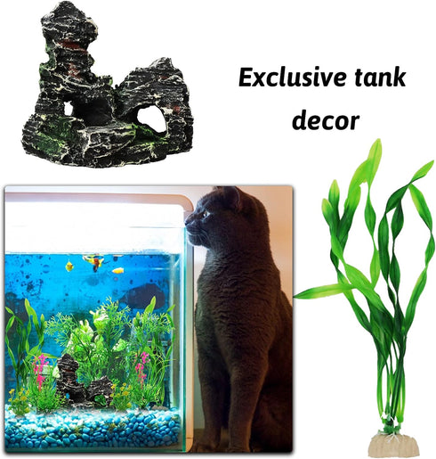Fish Tank Accessories, 9pcs Green Decorations Plants and Cave Rock Decor Set for Aquarium, Plastic Plants for Fish Tank