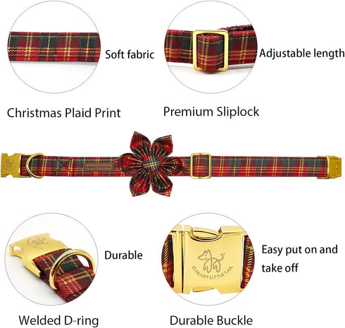Elegant Little Tail Red Plaid Christmas Dog Collar with Flower, Holiday Pet Collar for X-Large Dogs