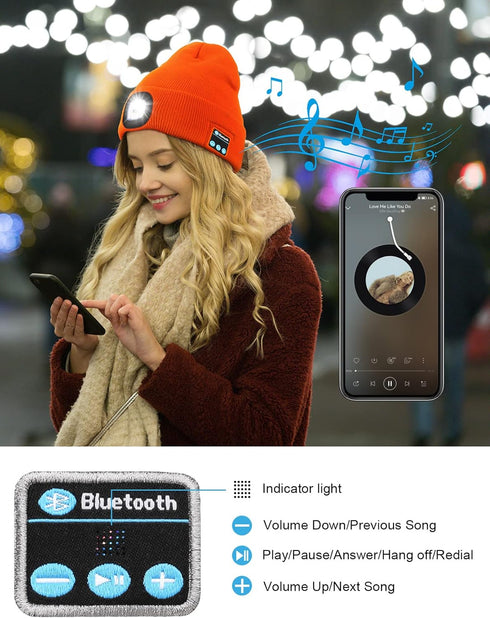 Wmcaps Bluetooth Beanie with Light, Unisex USB Rechargeable 4 LED Hat with Cordless Headphones, Unique Gifts for Men