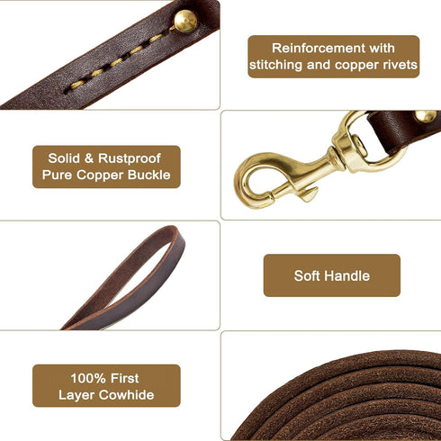 Guiding Star Leather Dog Leash 6ft, Heavy Duty Handmade Training Leash for Large Medium Dogs (Brown)