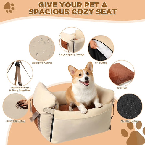 Felixora 25lbs Dog Car Seats for Small Dogs, Waterproof Puppy Car Seat with Side Handles and Large Pockets, Clip-On
