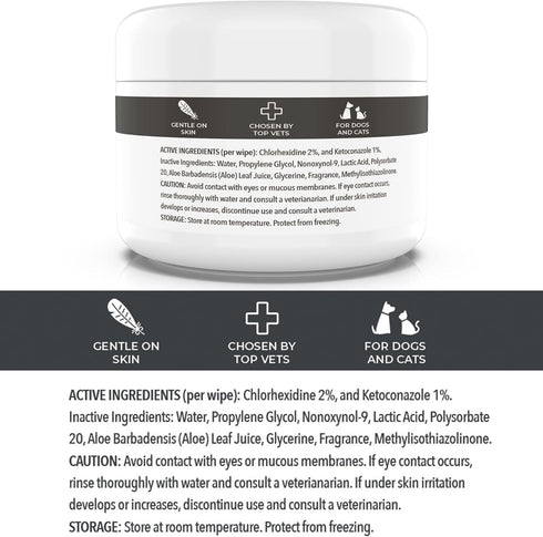 Antibacterial & Antifungal Wipes for Dogs & Cats by Smiling Paws Pets (with Chlorhexidine & Ketoconazole)