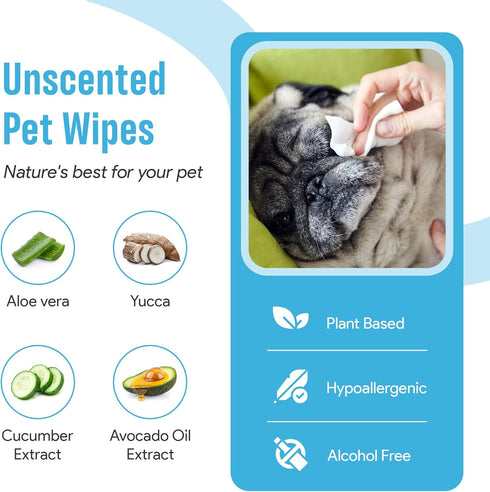 100 Unscented Dog Wipes for Paws, Butt, Ears, Eyes | Organic Hypoallergenic Pet Wipes with Aloe Vera | Extra Thick