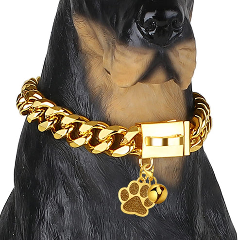Gold Chain Dog Collar, Cuban Link 15mm with Secure Snap Buckle, 18K Gold Plated for Small Medium Large Dogs