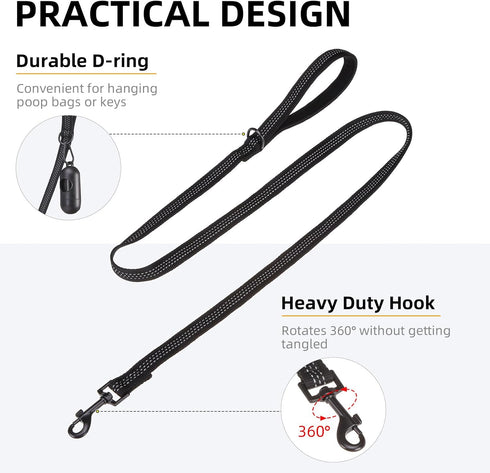 PUPTECK Reflective Dog Leash, Durable Nylon Lead with Comfortable Padded Handle for Small Medium Large Dogs, Black, M