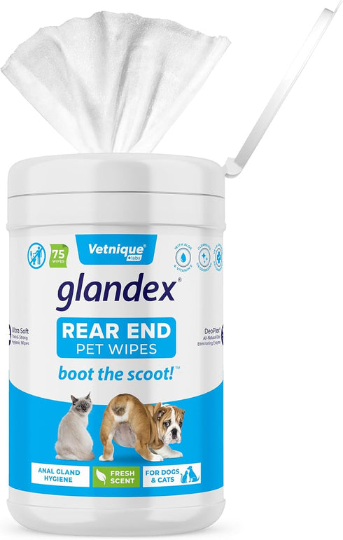 Glandex Dog Wipes by Vetnique Labs, Cleansing & Deodorizing Anal Gland Wipes for Dogs & Cats, 75ct