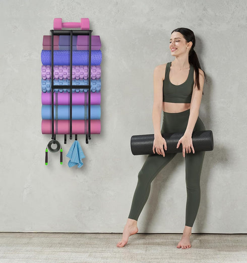 Yoga Mat Holder Wall Mount, Home Gym Accessories Organizer with 4 Hooks for Hanging Foam Roller and Bands