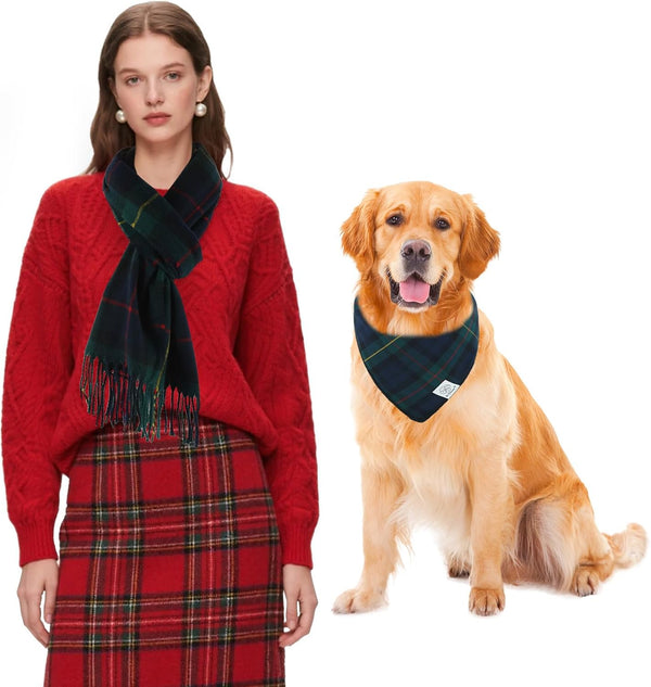 E-Clover Christmas Dog Bandanas Matching Owner Green Blue Buffalo Scarf Plaid Dog