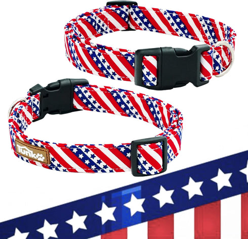 Adjustable American Flag Dog Collar for Small Medium Large Pets, 4th of July Patriotic Design, Strong Plastic Buckle