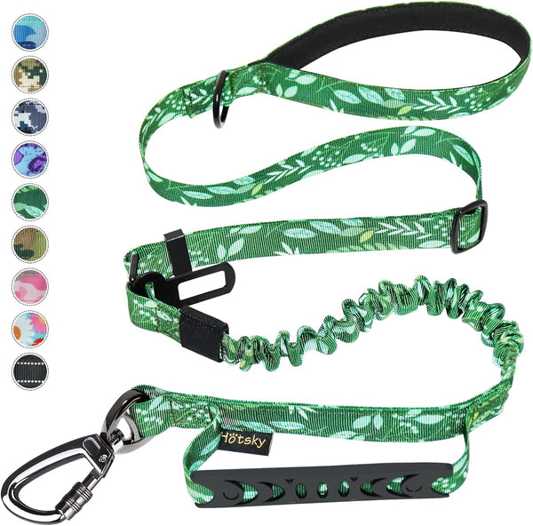 Hotsky Heavy Duty Tactical Bungee Dog Leash with Car Seat Belt and Double Handle for Medium Large Dogs, 4-6ft, Green