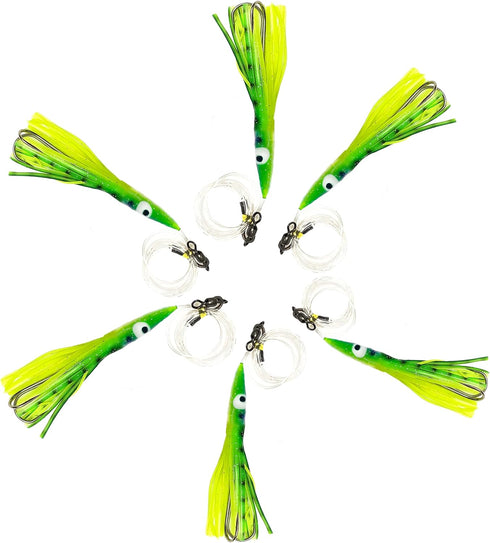 Arcadia Tackle Associated Manufacturer 4.5" Tuna Clone Rigs, 6 Pcs Yellow/Green for Offshore Trolling, Ideal for