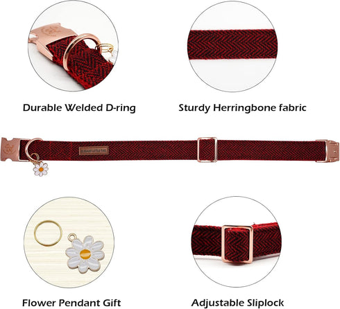 Elegant little tail Christmas Dog Collar with Bow - Herringbone Red Black Dog Collar Bow Cotton Durable Bowtie Collar Pet Dog Collar for Small Dogs