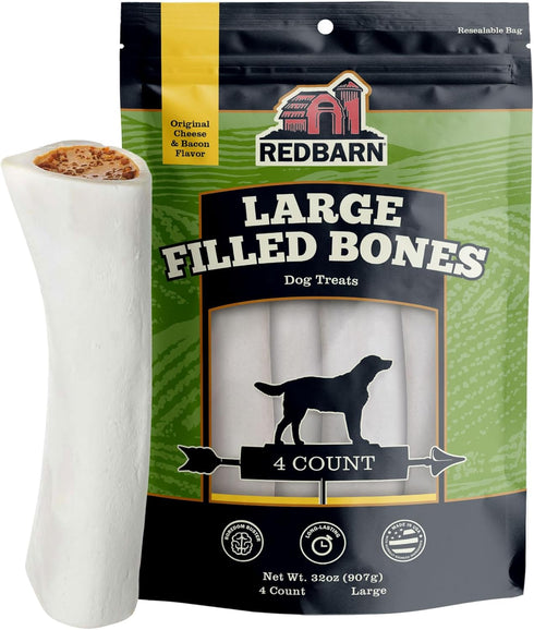 Redbarn Large Filled Dog Bones, Cheese & Bacon Flavor - Long Lasting Stuffed Femur Chew Treat (4 Count)