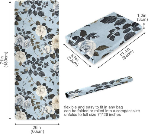 HXshaoye 71x26 inches 1 MM Elegant Vintage Flower Rose White Baby Blue thin yoga mat non slip for outdoor printed