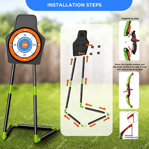 VATOS 2 Pack Bow and Arrow Toy - Light Up Archery Toy with Cup Suction Target & Dart Board for Indoor Outdoor Activity