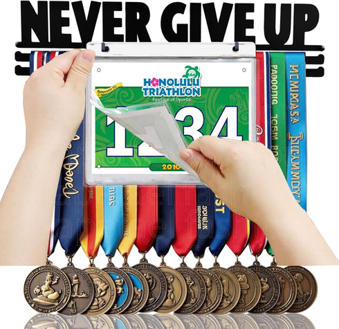 16" Never GIVE UP Race Bib Medal Hanger Holder Display Wall Rack in Long-Medal Hanger Awards Ribbon