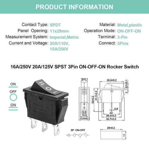 QTEATAK 5Pcs SPDT Toggle Rocker Switch, 3 Position ON/Off/ON, AC 15A/250V for Car Boat