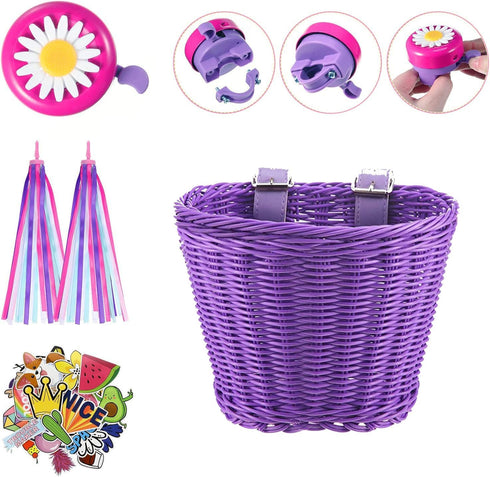 Kid Bicycle Basket, Small Wicker Basket with Streamers, 2 Bells and 30 Stickers for Girls and Boys Bicycle Decoration