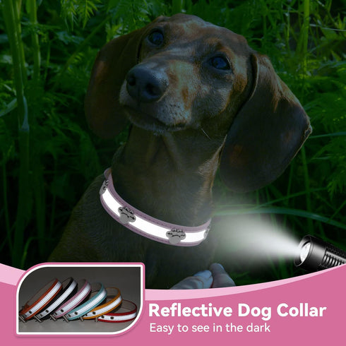 Reflective Dog Collar with Cute Paw Rivet Studded Soft PU Leather Adjustable Collar for Small Medium Large Dogs (Pink,