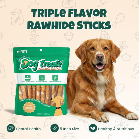 30 M-PETS Chicken Wrapped Dog Treats pcs Rawhide Chews Sticks, Puppy Training Treat, Snacks for Small and Medium Dogs
