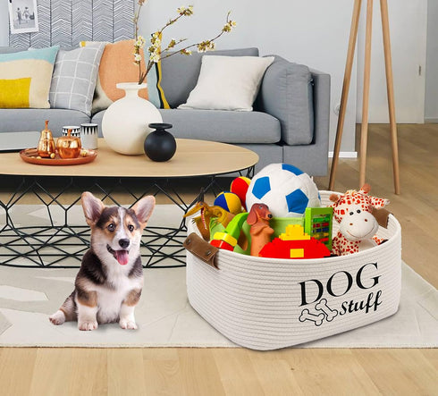 Geyecete Square Dog Toy Basket Storage - Beige | Cotton Rope Storage Basket for Pet Toys and Accessories