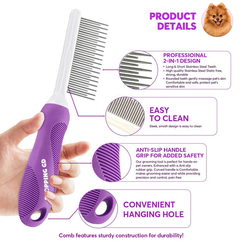 Detangling Pet Comb for Dogs & Cats, Grooming Tool with Long & Short Stainless Steel Teeth for Tangles.
