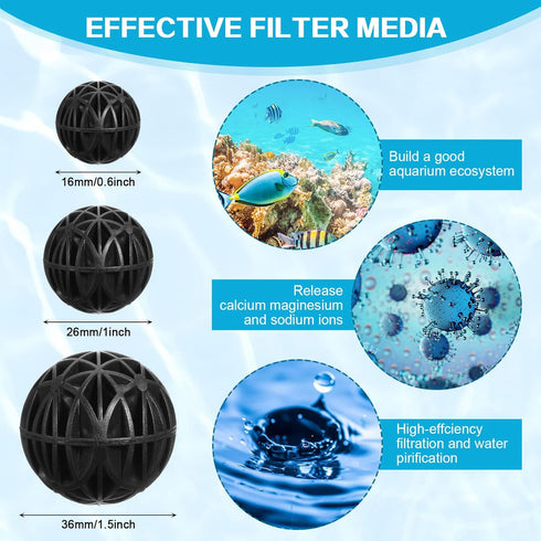 Cunno 200 Pcs Bio Balls Pond Filter Media, Black Aquarium Bio Media with Sponge for Fish Tank