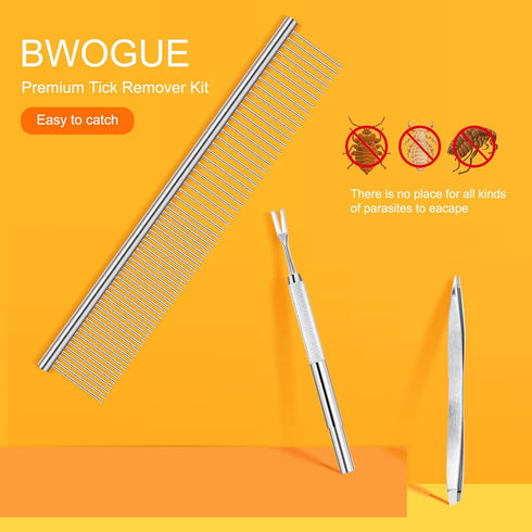 BWOGUE Premium Tick Removal Kit for Dogs and Cats - Stainless Steel Tool with Comb for Easy Tick and Flea Removal