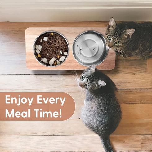 Elevated Cat Bowls, 15° Tilted Raised Wood Pet Bowls with Stand, Anti Vomiting 2 Stainless Steel Bowls for Cats