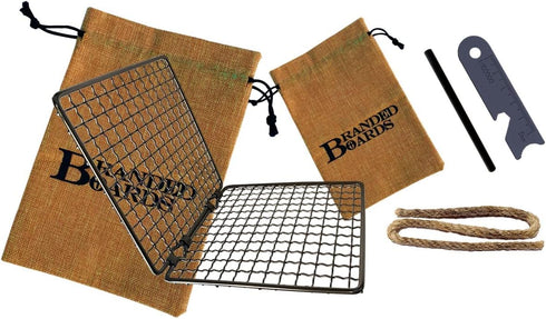 Portable Bushcraft Stainless BBQ Cooking Grill Grate, Mini Knife, Bamboo Cutting Board, Fire Starter Kits