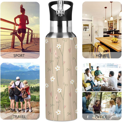 Wassud 22 oz Water Bottle Warm Beige Floral Stainless Steel Sport Water Bottle with Straw Insulated Water Bottles