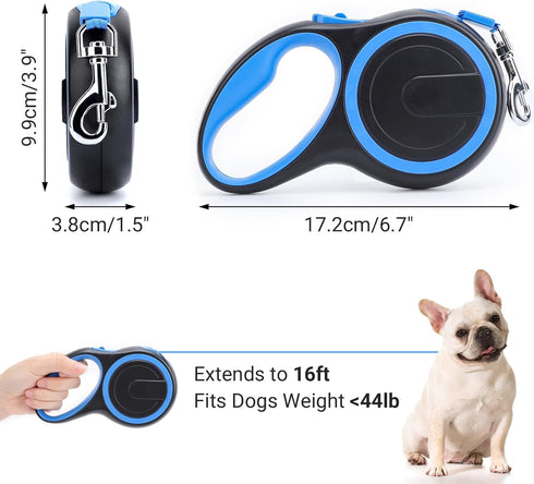 Segarty Dog Leash Retractable, 16ft Heavy Duty Walking Dog Leash for Medium Small Dogs up to 44lb, Anti-slip Handle 360°Tangle-free Nylon Tape, One-handed One Button Lock and Release (Blue)
