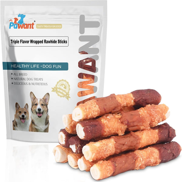 Triple-Flavor Rawhide Chews for Medium & Large Dogs - 5 Inch Chicken,