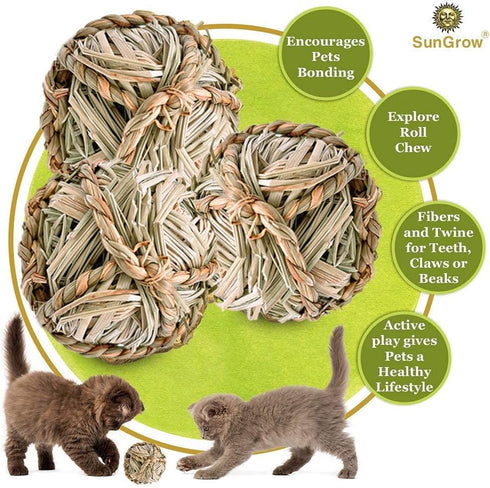 SunGrow Seagrass Balls for Rabbit, Chewable Teething Activity Toy for Gerbils, Guinea Pig, Dwarf Bunny (3 Pieces/Pack)