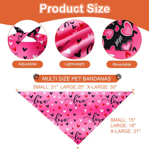 Agroon 3PCS, 6 Dog Valentines Bandana XLarge Pattern Sweetheart Scarf for Boy and Girl, Red Pink Black Triangle