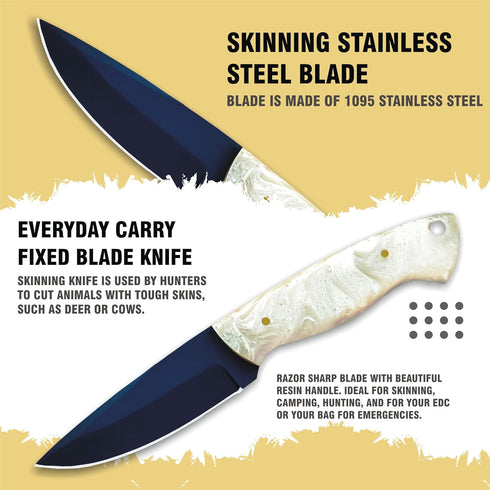 Stainless Steel Hunting Knife with Sheath, Sharp Skinning Knife with Resin Handle, Handmade 8" Small Fixed Blade Knife, Full Tang Survival Knife for Outdoor Camping, EDC Belt Knife for Men by HUNTLUX