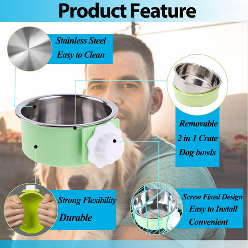 3 Pieces Crate Dog Bowl, Removable Stainless Steel Pet Kennel Hanging Food Water Feeder Bowl Cage Coop Cup for Puppy Medium Dog Cat Rabbit Ferret Bird (Blue,Red,Green)