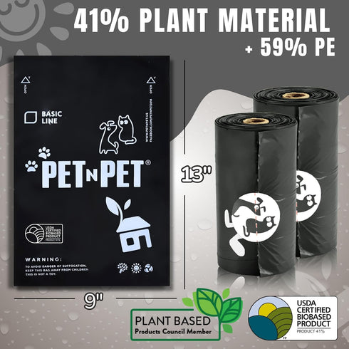 1080 Counts 41% 59% 9" 13", Pet N Pet Black Poop Bags for Dogs, Plant Based & PE Extra Thick Dog Poop Bags Rolls, x