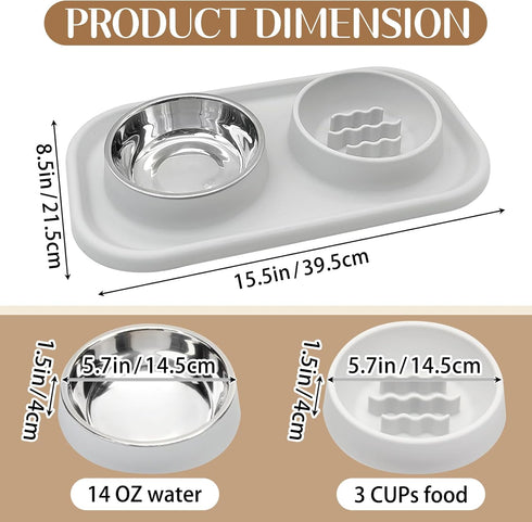 BNOSDM Stainless Steel Slow Feeder Dog Cat Bowls Set with Silicone Mat, Pet Feeder for Cats and Small Dogs